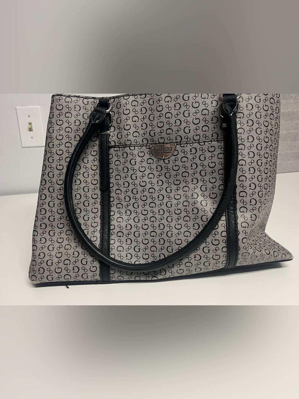 Guess Beige Monogram Tote with Black Trim